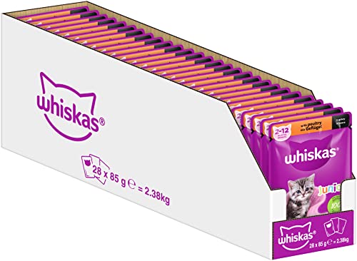 Whiskas Junior Katzenfutter Geflügel in Sauce, 28x85g (1 Packung) – Hochwertiges Nassfutter für heranwachsende Katzen von 2 bis 12 Monaten in 28 Portionsbeuteln