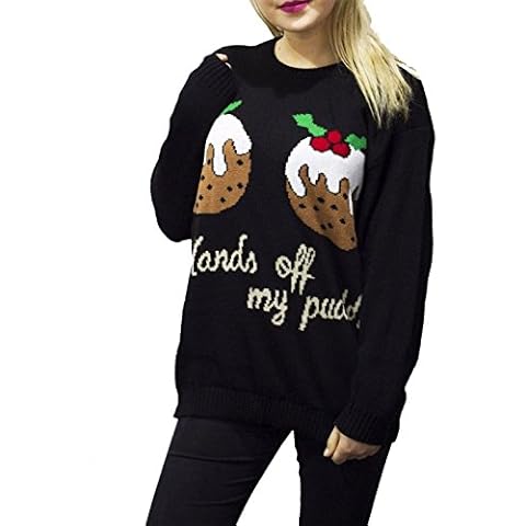 Womens HANDS OFF MY PUDDS Two Pudding Xmas Jumper Ladies Knitted Christmas Top#(Black Hands Off My Pudds Xmas Jumper#UK 16-18#Womens) Cover