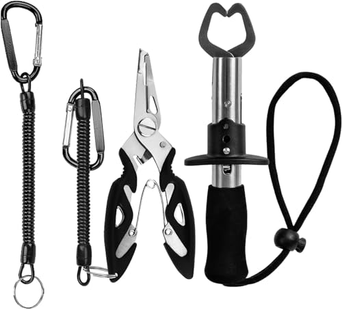Fyfjur Juego de Alicates de Pesca y Herramientas para Mango de Pescado, Alicates Multifuncionales de Acero Inoxidable para Pesca con 2 Cuerdas de Seguridad, Removedor de Anzuelos, Pesca Accesorios