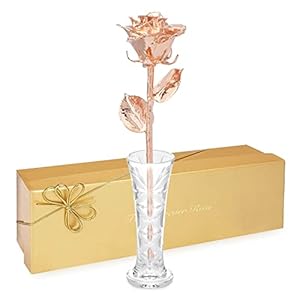 Forever Rose Real Rose Gold Dipped Rose, Unique & Everlasting Real Hand Dipped in Rose Gold, Custom Engraved Flower, 11” to 12” Rose + Elegant Clear Glass Vase