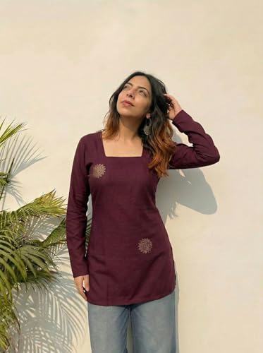 Image of ANNI Designer Women's Viscose Blend Printed Short Kurti | Straight Fit Casual Ethnic Top | Square Neck 3 /4 Sleeve Kurta Office College