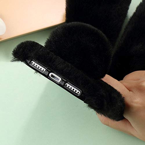 Plush Cover For Iphone Se 2020 Case Iphone 7/8 Case Lapopnut Cute Bunny Ears Case Luxury Winter Soft Warm Cover Fluffy Furry Rabbit Shockproof Back Bumper With Chic Bling Crystal Diamond-Black #TOP5