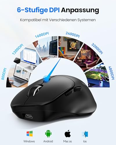 TECKNET Bluetooth Maus Wiederaufladbar, Maus Kabellos (Tri-Modi: BT5.0/3.0 + 2.4G) mit Ergonomische Daumenauflage, 4800 DPI Computer Leise Funkmaus für Laptop, PC, Mac OS, Android, Windows 5