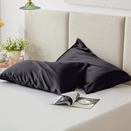 Image of RAGGLE Satin Silk Pillowcase for Hair and Skin Standard Size 18 inchX 28 inch with Soft Breathable Smooth Cooling Pillow Covers for Sleeping or Pillow Protector (2, Black)