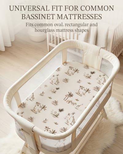 Image of Bassinet Sheets for Baby Girls Boys 2 Pack, Fitted Baby Mattress Sheet for Rectangle, Oval, Hourglass Bassinet Mattress, Breathable Cozy & Universal Fit (Safari Dreams, Bassinet Sheet)