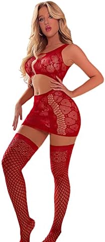WDIRARA Women’s 3 Pieces Mesh Cut Out Bralette and Skirt Sheer Lingerie Set with Stockings