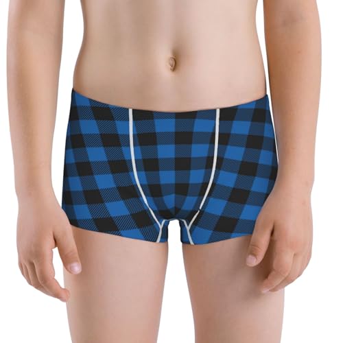 Boys' Cotton Boxer Brief Soft Underwear-Blue Black Plaid