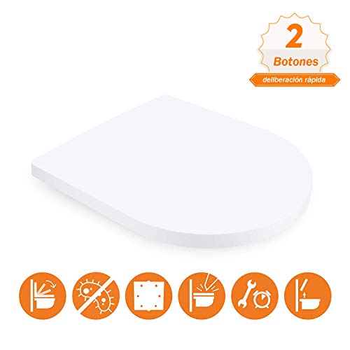 Tapa de wc Dalmo TBTS01B Asiento de Inodoro Blanco, Tapa de inodoro en forma de D y realizado en material UF, con Cierre suave y Antideslizante, Tapa y Asiento para wc con 2 Botones de Liberacion