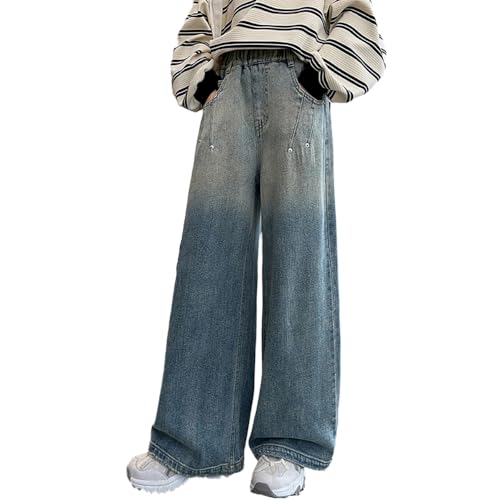 Tweens Denim Pants for Girls, Rivet Details Wide Leg Jeans, Gradient Elastic Wasit Baggy Jeans with Five Pockets3