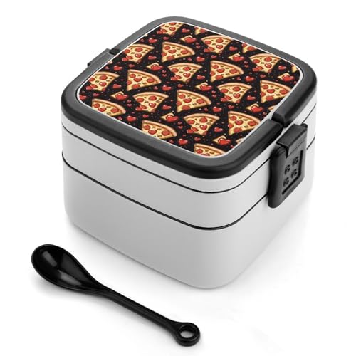 TZTTZT Caja bento con estampado de corazón de pizza, pequeño recipiente de ensalada para almuerzo, bonita lonchera para adultos, mujeres y hombres, reutilizable, doble almuerzo, apilable