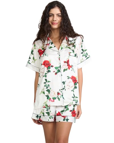 Image of YiNi LuLu Womens Silk Satin Shorts Pajamas Set Button Down 2 Piece Pjs Short Sleeve Oversized Sleepwear with Pockets
