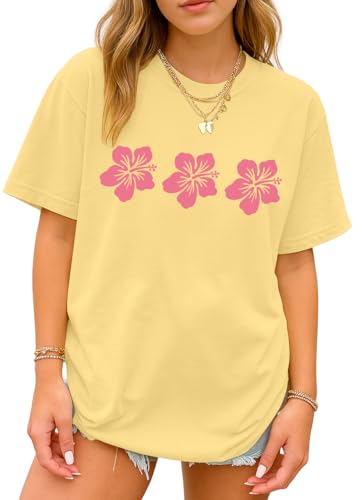 Women's T Shirts Flower Graphic Tees Y2K Aesthetic Short Sleeve Shirts Summer Casual Loose Casual Tops