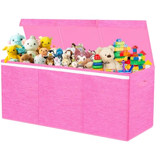 Boxgambol Extra Large Toy Box, Toy Storage Organizer with Lid, Oxford Fabric Collapsible Sturdy Toy Chest Bins Baskets for Livingroom,Playroom, Nursery, Bedroom, Closet (Dark Pink)