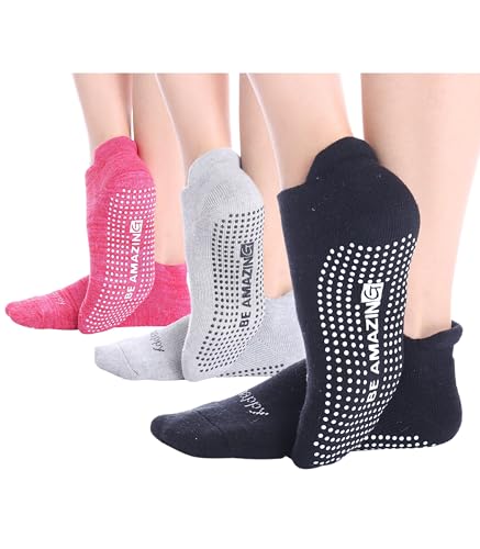 Live Happy Be Healthy Pilates Socks with Grips for Women Non Slip, Yoga Grippy Socks for Barre Hospital Maternity Sticky Slipper Woman Mens, 3 Pairs