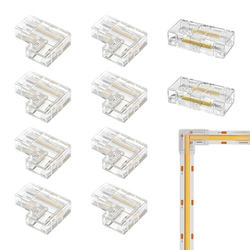 10 unidades conectores para cinta, alargador conector de cinta COB LED de 2 pines Conector de ángulo sin soldadura 8mm transparente Gapless Kit tipo L/ángulo para conexión sin soldadura de cintas LED