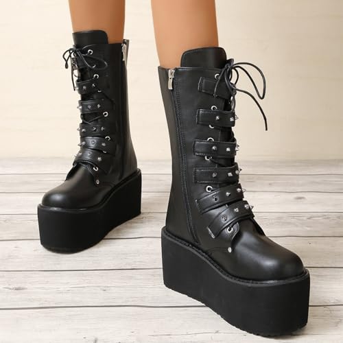 ZKXYFFS Womens High Platform Mid Calf Wedges Booties Chunky High Heel Round-Toe Side Zip Punk Combat Boots For Women Buckle Motorcycle Booties4