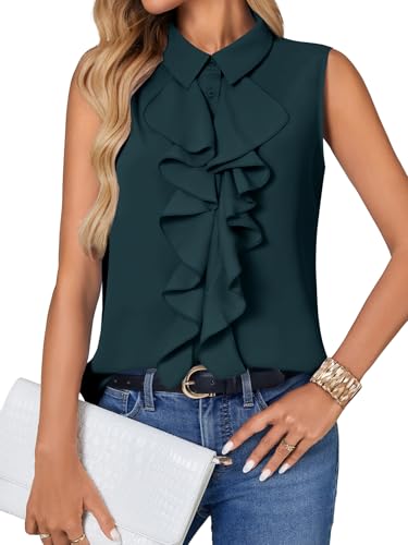 Vrtige Women's Summer Tank Top Button Down Ruffle Front Collar Neck Sleeveless Blouse Shirt Top Teal XX-Large
