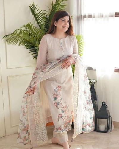 Image of Women's Lilan Cotton Floral Printed Straight Pakistani Kurti with Pant and Dupattta