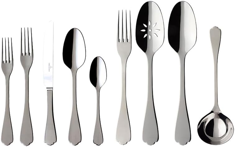 Villeroy & Boch Medina Collection 64-Piece Flatware Set, Service for 12, Plus 4 Additional Serving Pieces, 18/10 Stainless Steel, Flared Handle, Solid Weight