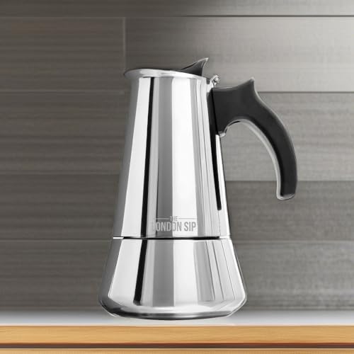 Image of London Sip Stainless Steel Stovetop Espresso Maker Moka Pot Italian Coffee Percolator, Silver, 10 Espresso Cups