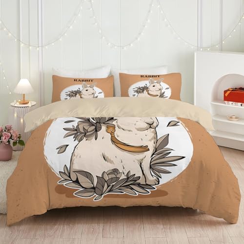 Funda Nordica Cama 80/90, Juego de Funda Edredón Reversible de Microfibra, Funda Nordica 135x200 cm con Funda de Almohada de 50x75 cm, Conejo, Marrón Beige C130
