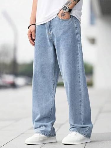 Image of Denim Fabric Straight Fit Mid Rise Light Blue Men Jeans (STF-LVR-02)