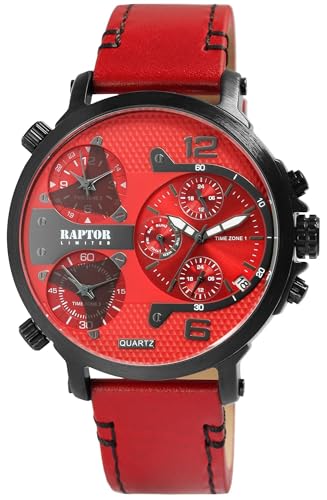 Raptor Limited Herren Armbanduhr Leder – 3 Zeitzonen, 24h Anzeige, Tachymeter, Datum & Wochentag – Analog Uhr für Männer, Business & Freizeit (Rot/Schwarz)