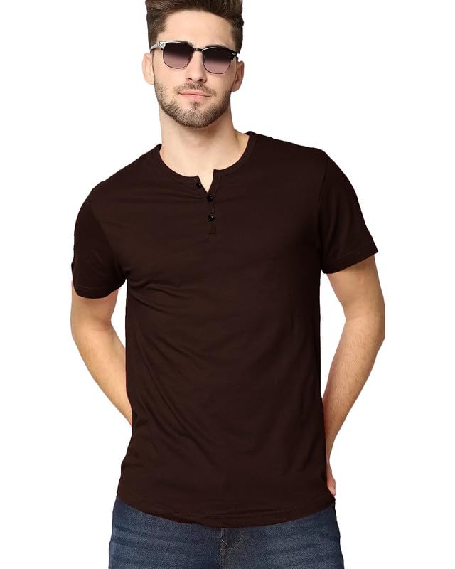 Image of LAZYCHUNKS Henley Neck Men's Cotton Half Plain Sleeves Slim Fit T-Shirt | Round Neck Men's Tshirt | Solid Colors | Summer Wear | - Multicolor