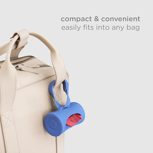 Image of Ubbi Retractable Dog Poop Bag Holder and Dispenser with Silicone Strap Leash Attachment, Includes 2 Rolls of Lavender Scented Leakproof Waste Bags, Blue