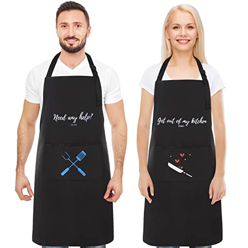 2 Piezas Delantal de Cocina Ajustable, Delantal Cocina Impermeable para Mujere Hombre Pareja, Delantal Chef con Bolsillo Grand para Cocinar/Hornear, 70x80cm, Negro