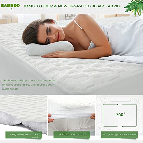GRT Waterproof Rayon Bamboo Mattress Protector Cal King Size - 3D Air Fiber Mattress Protector Cover, Cooling Mattress Pad Breathable Ultra Soft Noiseless 8''-21'' Deep Pocket Machine Washable