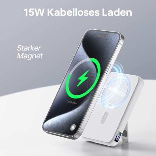 Kabellose Powerbank für Magsafe, 12000mAh Power Bank mit Klappbarem Standfuß, 22.5W PD USB-A Ausgabe, Powerbank mit Typ-C Eingang und Ausgang, LED-Anzeige für iPhone 17/16/15/14/13/12/Pro/Pro Max