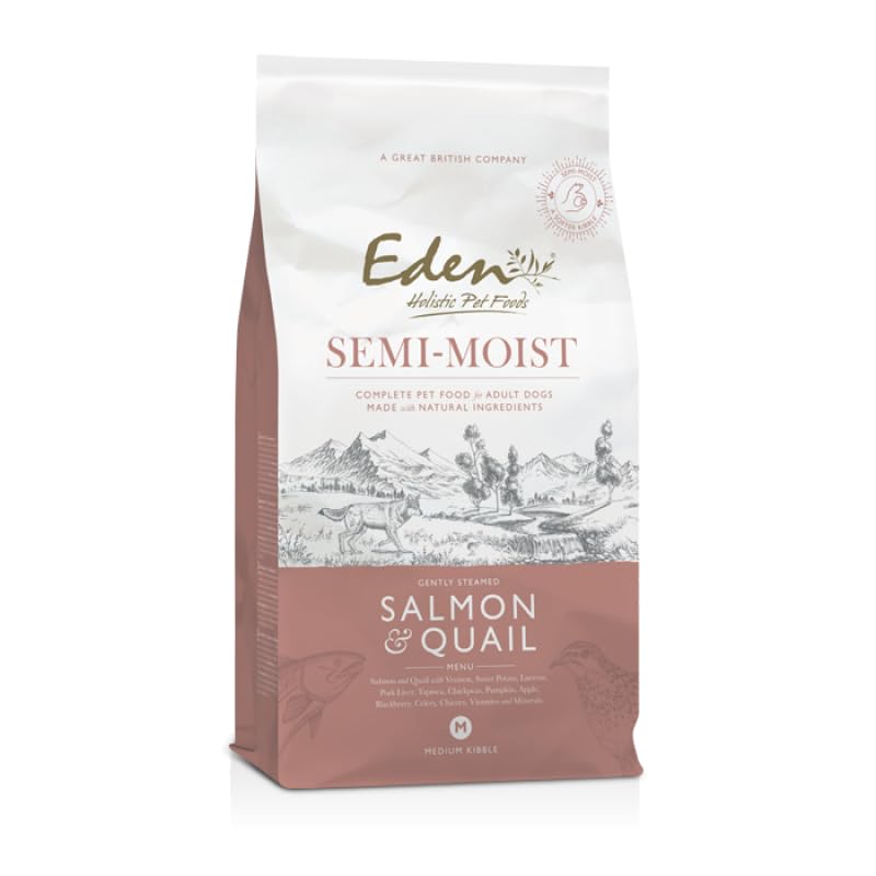 Eden Semi-Moist Salmon & Quail 10kg Kibble. Complete Premium Dry Dog Food for Adult & Senior Dogs. Soft kibble, great for fussy dogs, 60/40 Recipe includes superfoods: Pumpkin