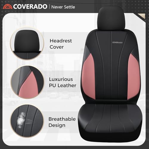 Image of Coverado Automotive Car Seat Covers, Luxury Seat Covers Full Set, Leather Car Seat Protectors with Storage Bags, Pink Driver Seat Covers Universal Fit for SUVs Trucks Sedans