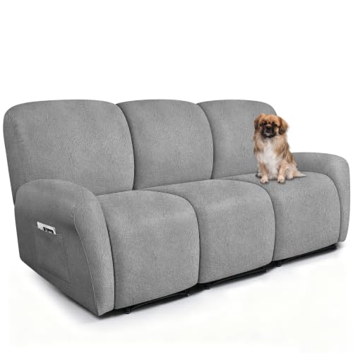 Image of ANARACHON Leather Look Recliner Couch Cover 8-Piece Recliner Sofa Slipcovers 3 Seater for Reclining Couches Furniture Protector Spandex Fabric Washable (Recliner Sofa,256Light Gray)