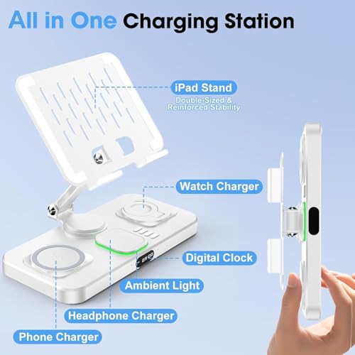 Image of Wireless Charger for Apple Multiple Devices, Charging Station with Clock &7 Color Ambient Light, Foldable Rotate Stand for iPad, for iPhone16 /15 /14, for Apple Watch10 /9 AirPods4 (Adapter Not Included)