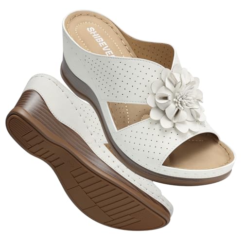 Image of SHIBEVER Womens Wedge Sandals Dressy: Arch Support Slip-On Comfortable Summer Sandals Open Toe Flower Casual Platform Shoes Size 5-11