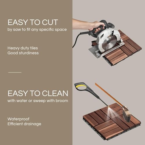 THYOI 10 Pcs Deck Tiles, Patio Flooring - Outdoor Waterproof Acacia Wood Tiles for All Weather Use - Balcony, Backyard, Indoor & Outdoor (Dark Brown Crossed Pattern, 10 Square Ft)