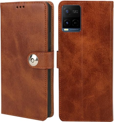 Image of KashiVerse Genuine Vegan Leather Finish Flip Cover for Vivo V2143 / T1X | Inside Back TPU & Inbuilt Stand | Wallet Stylish Button Magnetic Closure - Brown
