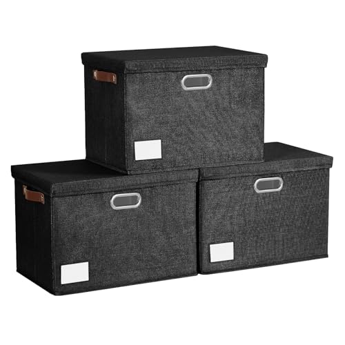 Roobyl 15" Fabric Storage Box with Lids, 3-Pack, Black