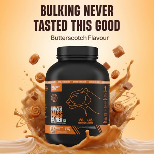 Image of BeastLife High Protein Mass /Weight Gainer | 2.5 KG | Butterscotch | NABL LAB Tested | For Muscle Gain & Fast Growth | Cereal-Based Formula, No Maltodextrin | India's #1 Cereal Based Bulk Gainer