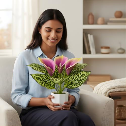 Image of fancymart Artificial Calla Lily Plant with Pot - 30 cm Height Decorative Flower Leaves (Pack of 1) | Realistic Faux Plant for Home & Office Decor | Table, Shelf & Desk Decoration