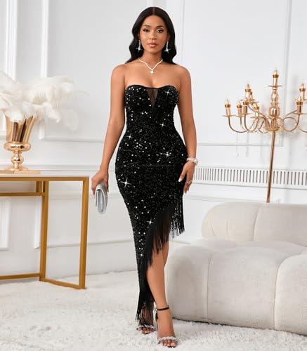 Image of dasmzper Women's Sexy Sequin Off The Shoulder V Neck Mesh See Through Dress Feather Hem Bodycon Evening Maxi Dress