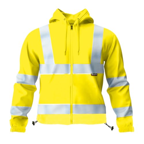 kraftd Mens Hi Vis Pullover Hoodie Reflective Tape Safety Work Drawstring Multi Zipped Pockets High Viz High Visibility Hoodie Sweatshirt (Yellow, L)