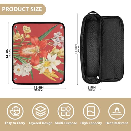Estuche de viaje 2 en 1 para planchas y rizadores con tapete resistente al calor y espacio para secador. Diseño floral Orchid Canna Rojo miniatura 4