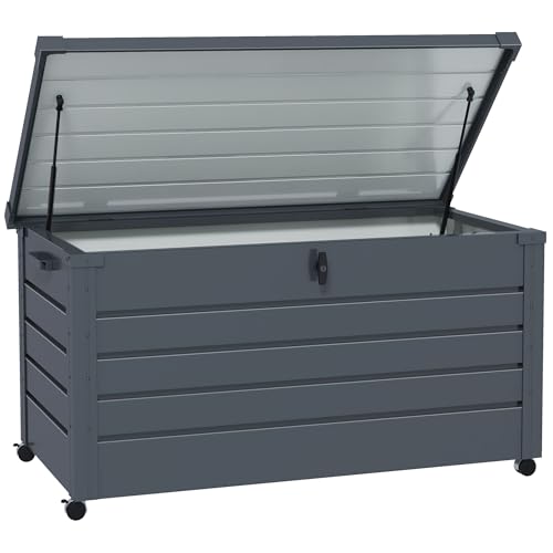 Outsunny 331 Litre Garden Storage Box, Waterproof Outdoor Storage Box for Tools, Cushions, Lockable Galvanised Steel Outside Deck Box Organiser with Wheels and Handles, Dark Grey