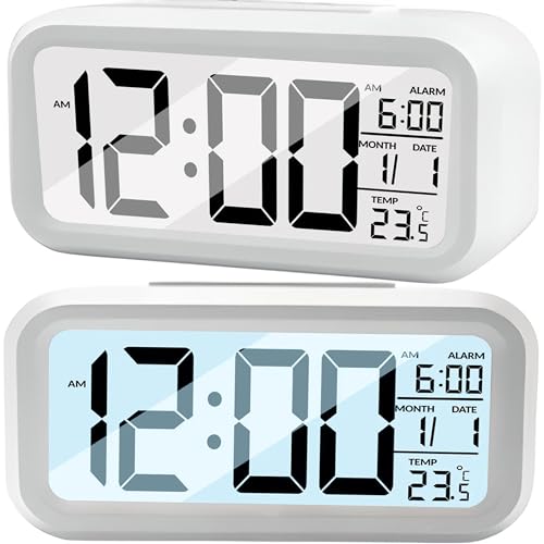 Retoo Digital Wecker mit Temperaturanzeige und Große LED Display, Tischuhr für Schlafzimmer mit Datum, Batteriebetrieben, Elektronischer Wecker mit Nachtlicht für Kinder, Erwachsene, Weiß