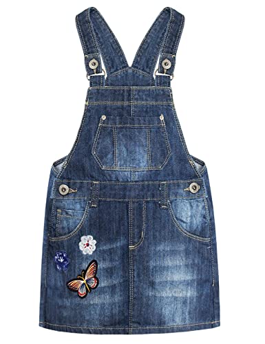 Image of KIDSCOOL SPACE Baby Little Girls Fox Flowers Embroidered Lace Denim Overall Dress