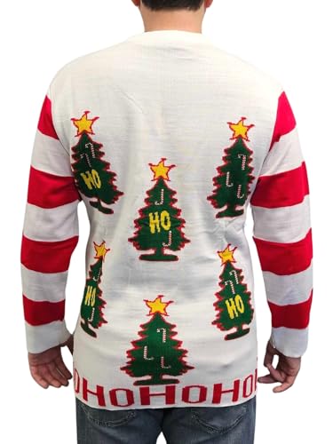 I Love Xmas HO HO HO Ugly Christmas Sweater - Holiday Movie Costume Party 00s Gift - Stripes Tree Star Candy Canes - White2