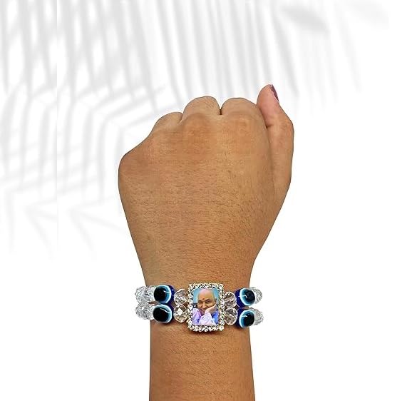 Image of (Set Of 2 Crystal Diamond Cut 8mm Moti Beads Stone Ractangle Shape Nug Shukrana Blessing's Always Jai Guru Ji Swaroop /Photo Wrist Band Cuff Charming Evil Eye Nazariya Elastic Bracelet